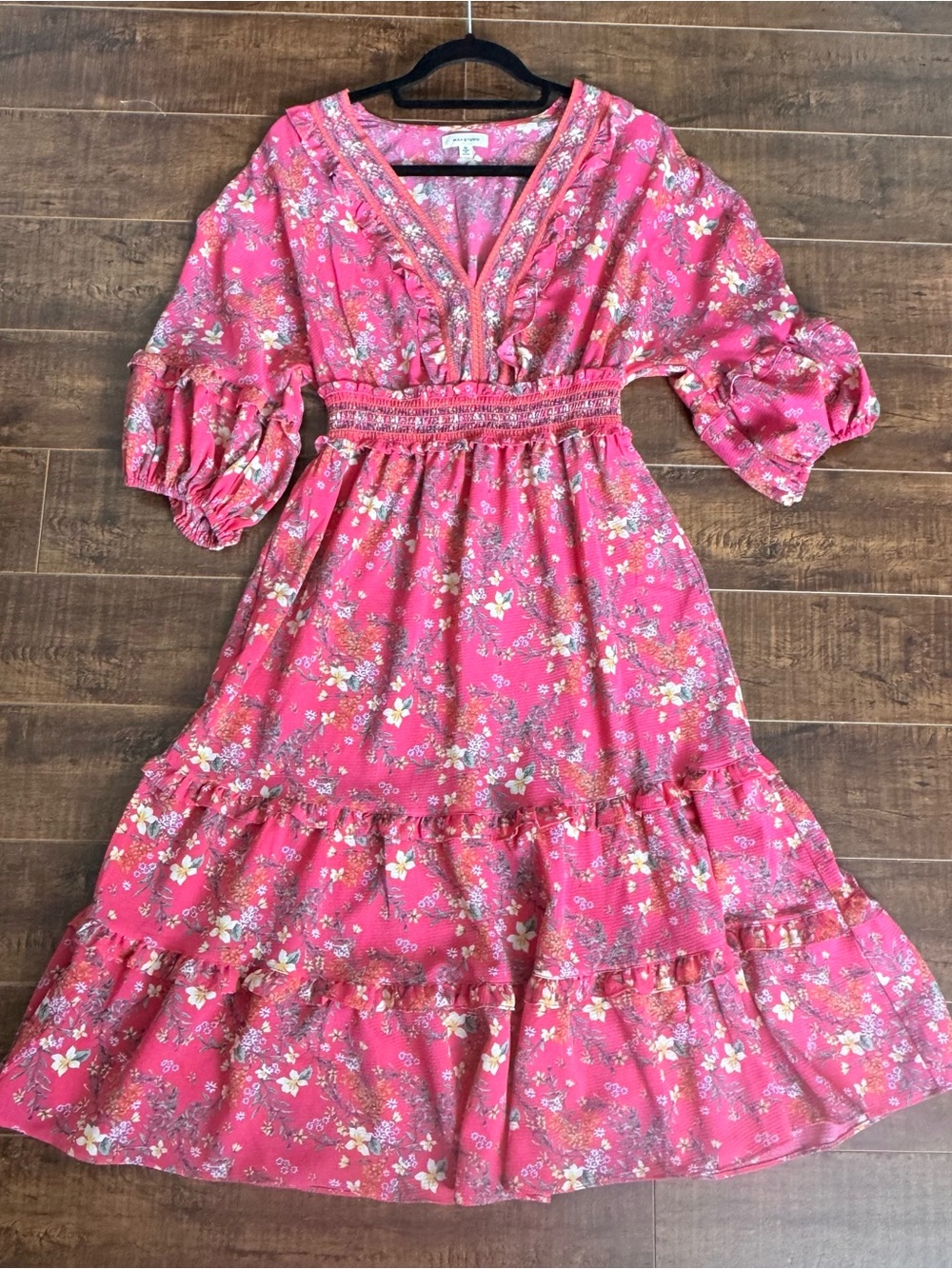 Ladies size medium, Pink Floral Tiered Dress by Max studio, deep V front